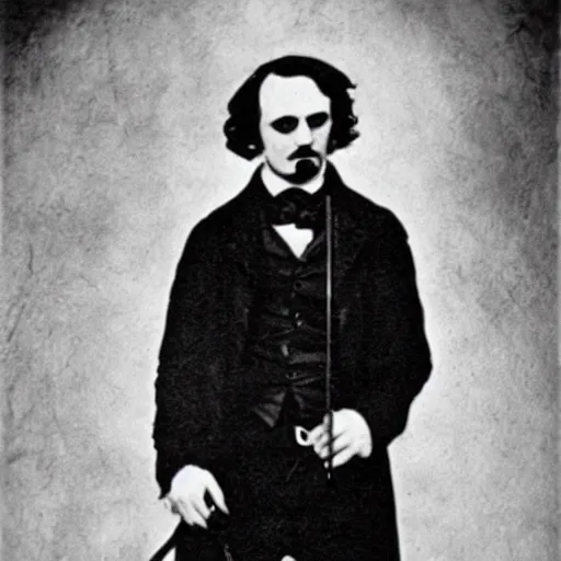 Image similar to Edgar Allan Poe in goth clothing and makeup. Realistic, vintage photo.