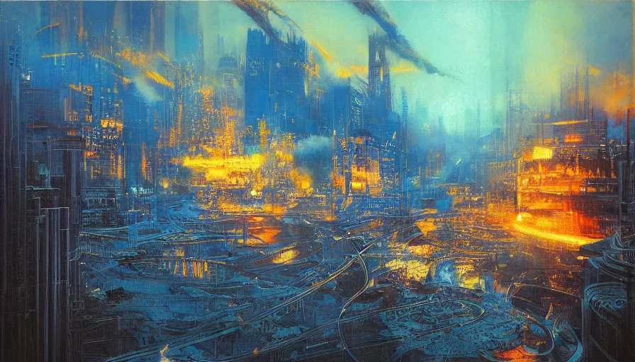 Image similar to river of blue fire, intricate detailed painting, cityscape, john harris