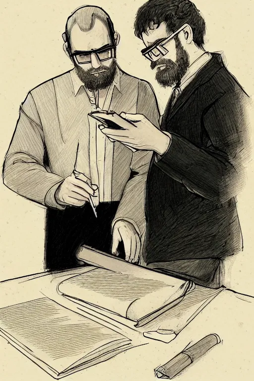 Prompt: portrait of two wise and very beautiful scientists reviewing some texts, intricate, elegant, highly detailed, smooth, sharp focus, artstation