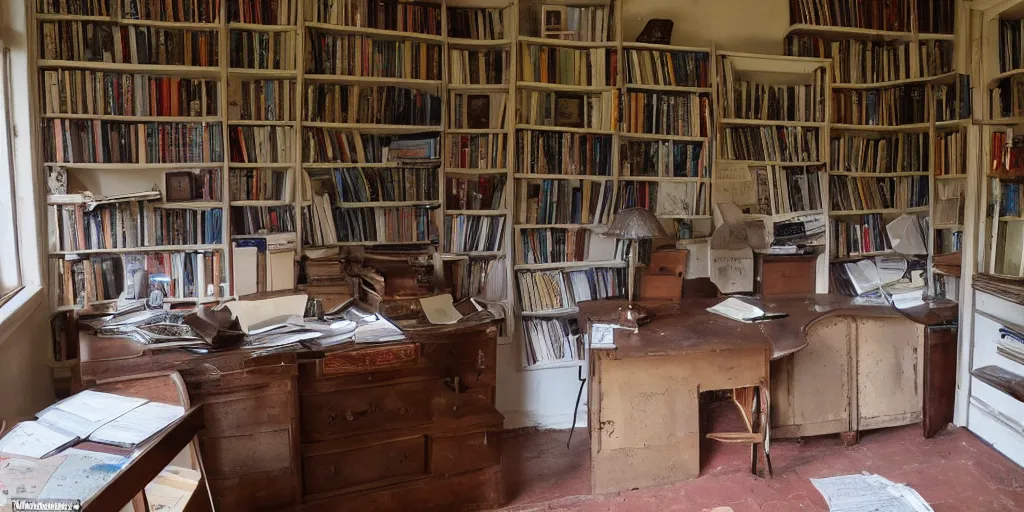 Prompt: a desk with maps and old books sitting in an old study that is dusty with cobwebs all over the surrounding bookshelves
