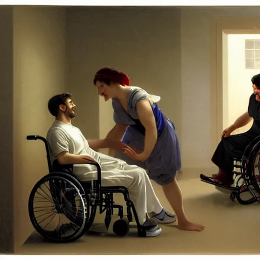 Image similar to a male patient in a wheelchair in the hospital with his wife and son standing by. happy, cheerful, smiling, intricate, face enhance, sharp focus, cinematic lighting, featured in artistation, 8 k, art by greg rutkowski, william adolphe bouguereau