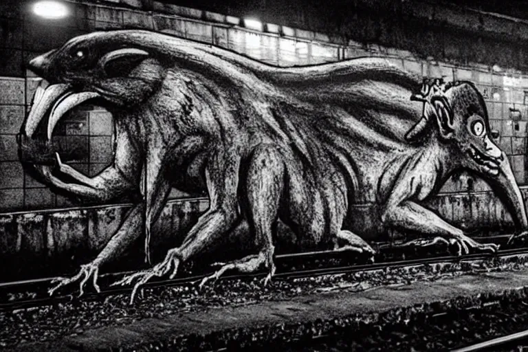 Prompt: very large giant mutant zombie irradiated rat sraying on railways in tonnel of moscow subway. extreme high detail. low dark light, scary atmosphere.