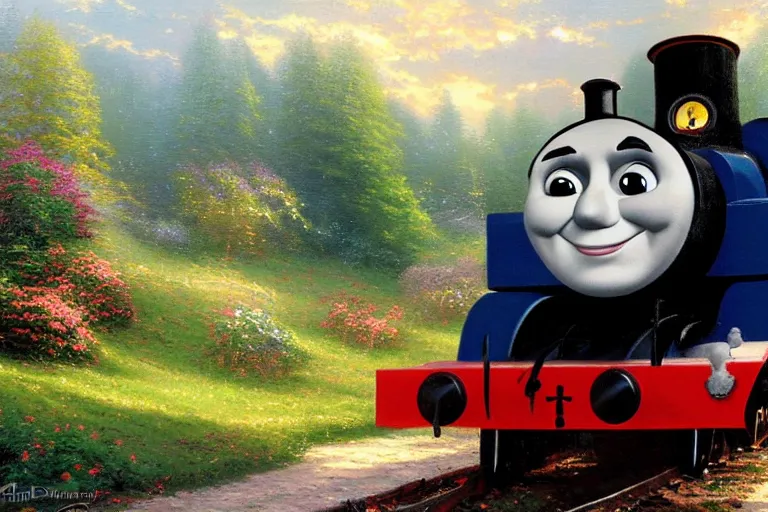 Prompt: thomas kinkade painting of thomas the tank engine with the face of willem dafoe
