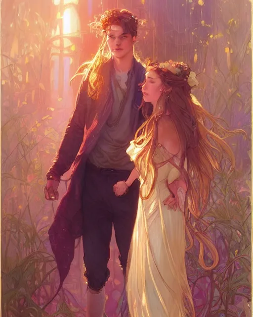 Image similar to secret romance, highly detailed,, gold filigree, romantic storybook fantasy, soft cinematic lighting, award, disney concept art watercolor illustration by mandy jurgens and alphonse mucha and alena aenami, pastel color palette, featured on artstation