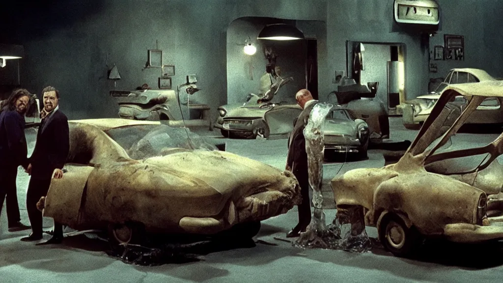 Prompt: the creature sells a used car, made of wax and water, film still from the movie directed by Denis Villeneuve with art direction by Salvador Dalí, wide lens