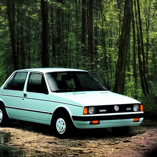 Prompt: a volkswagen jetta mk 2 by a lakeside forest, hyper realistic