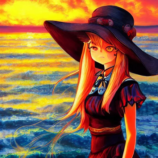 Prompt: Kirisame Marisa, sunset on the beach, touhou project, ZUN, beautiful portrait, oil on canvas, official artwork, trending on artstation, in the impressionistic style, brush strokes, vibrant colors, red and orange