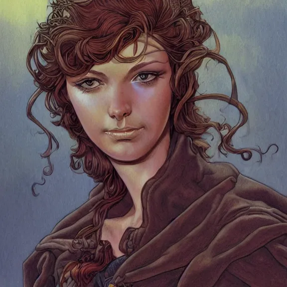 Prompt: a highly detailed portrait in the style of michael whelan and in the style of milo manara.