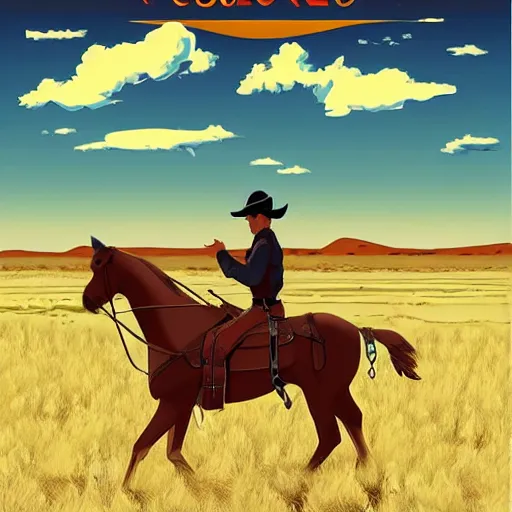 Image similar to digital illustration cowboy on the range, beautiful New Mexico landscape, Art Deco, dark deco, animated series, by Eric Radomski