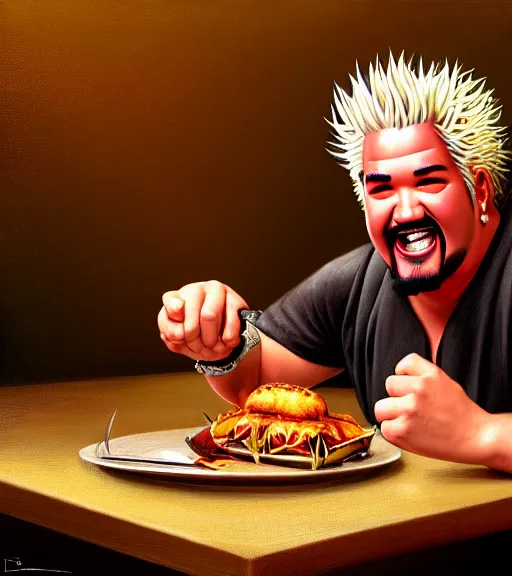 Prompt: portrait of a guy fieri happily gloating sitting upon a table with heightened detail, poised, intense emotion, detailed facial expression, detailed surroundings, intricate, elegant, highly detailed, centered, digital painting, artstation, concept art, smooth, sharp focus, illustration, by ( leonardo da vinci ), wlop