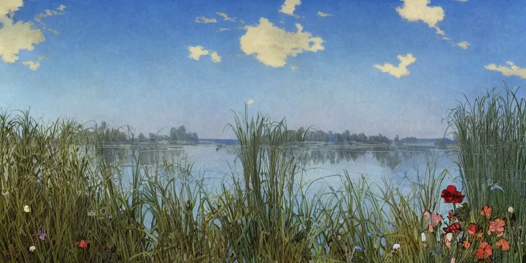 Prompt: a beautiful lake landscape in summer, romantic ambiente, reed on riverbank, no mountains, clear sky, sunshine, colorful, by Mohrbacher and Moebius and Alphonse Mucha and Roger Deakins, cinematic lighting, masterpiece, highly detailed, 8k resolution, trending on art station