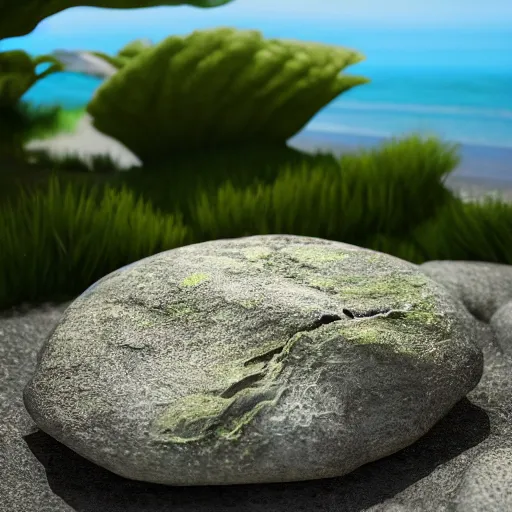 Prompt: a beautiful rock on the beach, octane render nvidia raytracing, lush vegetation