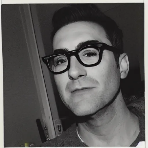 Image similar to polaroid of dan levy from schitt's creek, harsh flash