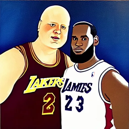 Image similar to bobby hill and lebron james taking a selfie, nba, kill of the hill, oil on canvas, trending on artstation