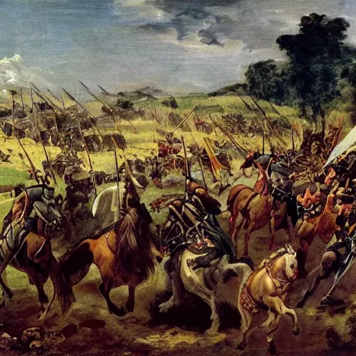 Prompt: Genghis Khan's minion horse archer horde descends upon an unsuspecting village in the style of Eugène Delacroix