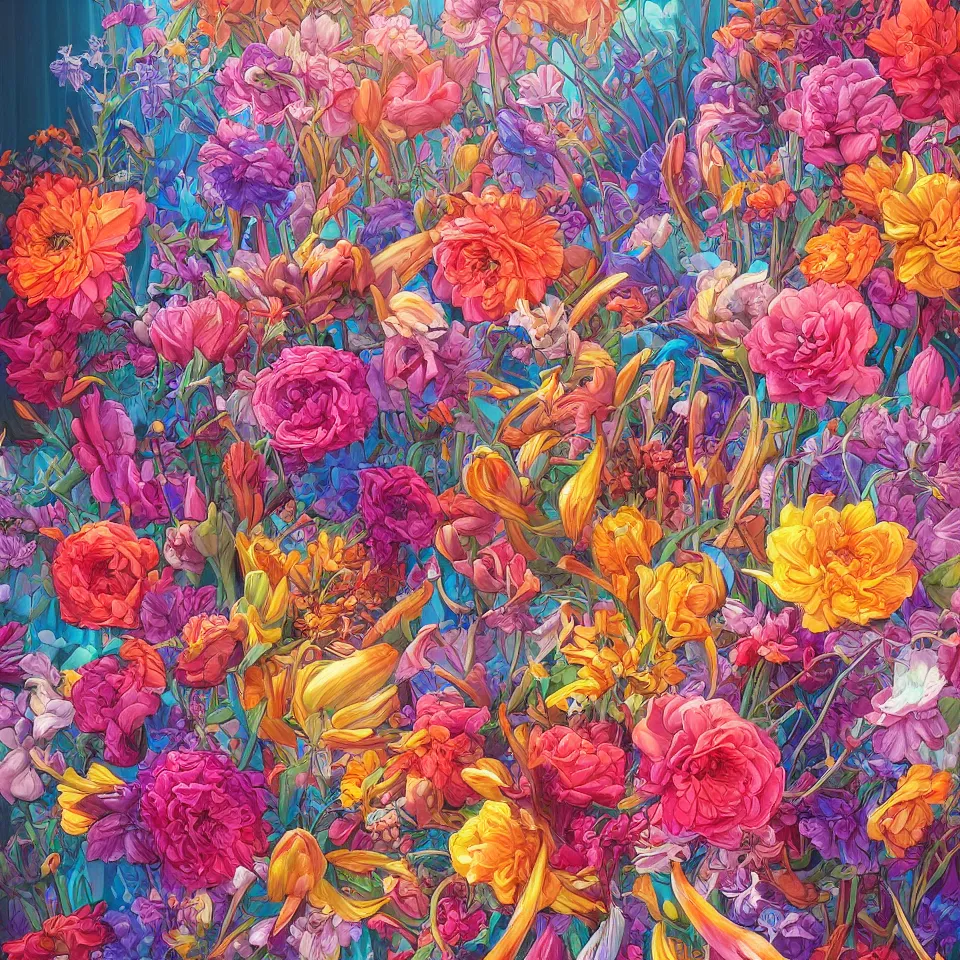 Image similar to a bouquet of colorful flowers, flowers with very long petals,afternoon sunlight, hard light and long shadows, neon glowing, vivid, detailed painting, by James Jean and Ross Tran, masterpiece, award winning painting