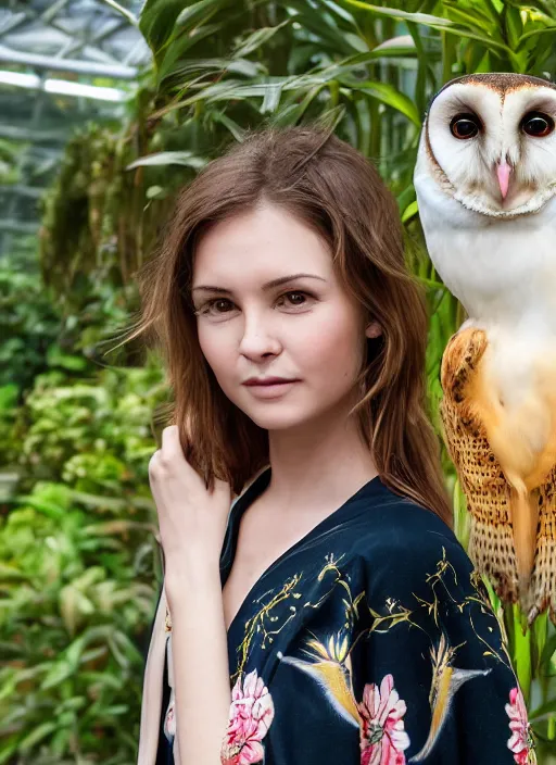 Image similar to portrait photograph of beautiful young female model, symmetric face, symmetric eyes, slight smile, natural light, wearing a yellow kimono with a very detailed barn owl on her shoulder!!! in a tropical greenhouse. looking at the camera!!. super resolution. Extremely detailed. Masterpiece!! .Graflex camera, bokeh.