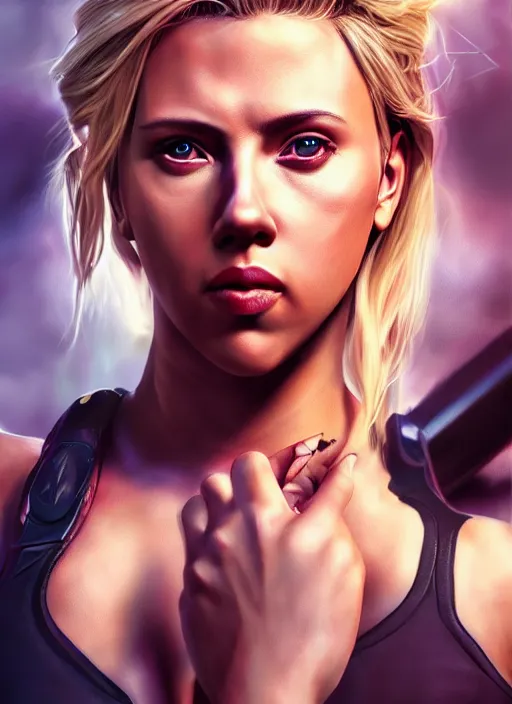 Prompt: fantasy comic book style portrait painting of an athletic Scarlett Johansson with blonde hair dancing, unreal 5, DAZ, hyperrealistic, octane render, cosplay, RPG portrait, dynamic lighting