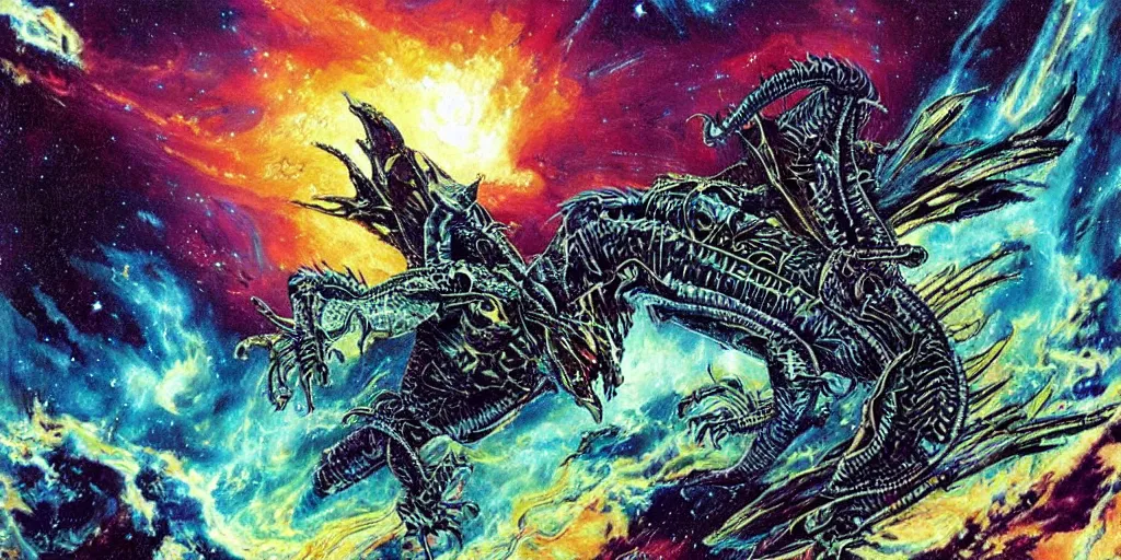 Image similar to an alien dragon flying through outer space, epic nebula, style of philippe druillet art