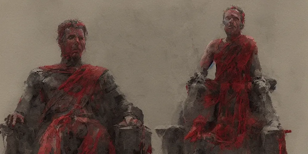 Image similar to the end is near. a tired julius caesar is sitting on his throne. face is highly detailed. splices of red are running down his toga. mist. color scheme red. low angle medium shot. imagined by jeremy lipking