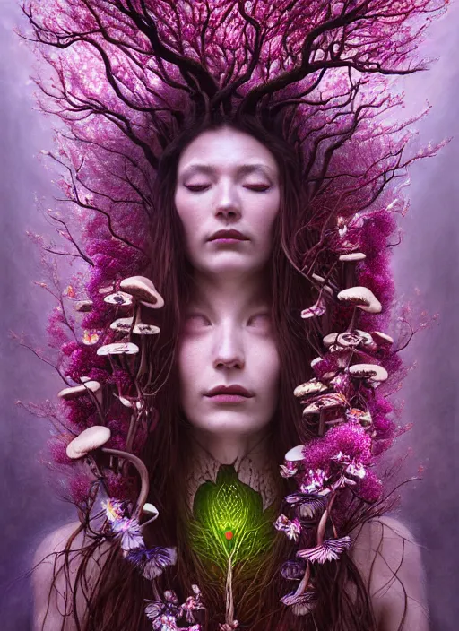 Prompt: a surreal organic shaman, made of orchids and cherry blossom trees, made of mushrooms, diffuse lighting, fantasy, intricate, highly detailed, photorealistic, digital painting, artstation, beautiful woman, concept art, smooth, sharp focus, by john collier and albert aublet, by amanda sage