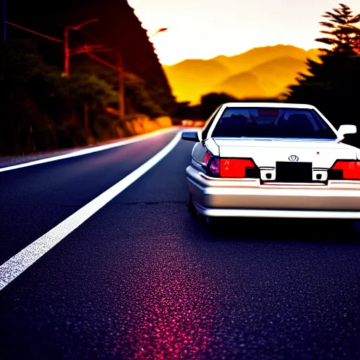 Prompt: a car drifting Toyota JZX100 in middle of road, gunma prefecture, city sunset, cinematic color, photorealistic, highly detailed, bokeh