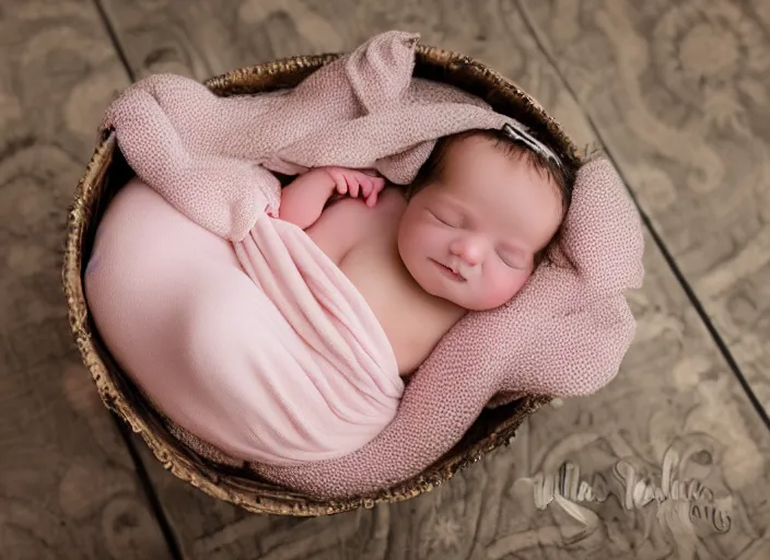 Prompt: cute baby girl wrapped in soft embroidered pink blanket inside a fancy wooden basket on top of beautiful flowers and a velvet carpet, newborn photography style by julia stern, photographic, sublime, dreamy, soft glow, surreal, no fingers