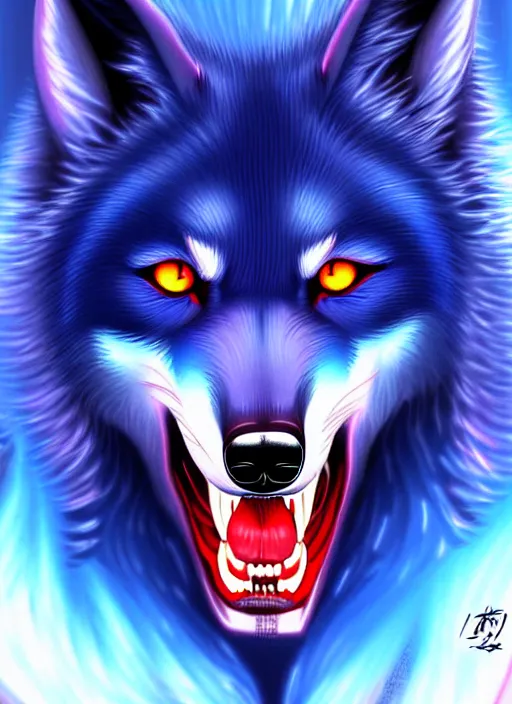 Image similar to blue wolf, red eyes highly detailed, deep focus, digital painting, smooth, sharp focus, anime art style, trending on artstation, 4 k