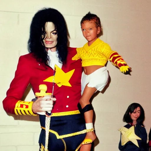 Image similar to michael jackson in a wonderwoman suit holding a baby