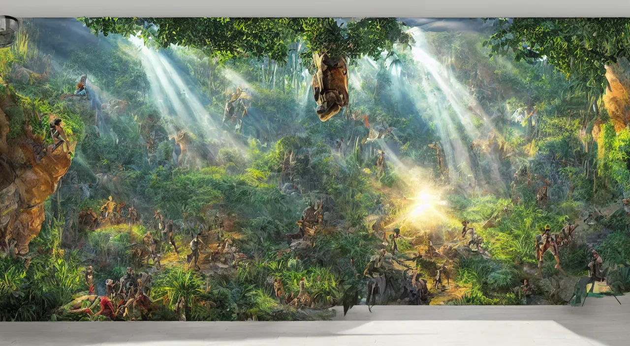 Image similar to zouk fabric wall fortress countryside jungle dirt a spectacular view cinematic rays of sunlight comic book illustration, by john kirby