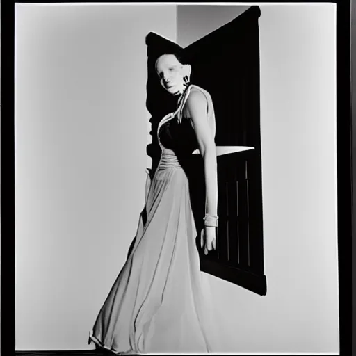 Image similar to photo of a woman in a dress by arnold newman. professional photography.