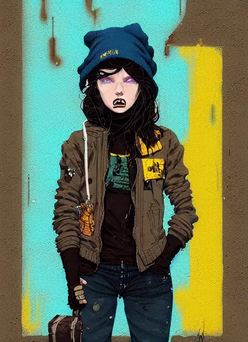 Image similar to highly detailed portrait of a sewer punk lady student, blue eyes, tweed hoody, hat, wavy hair by atey ghailan, by greg rutkowski, by greg, tocchini, by james gilleard, by joe fenton, by kaethe butcher, gradient yellow, black, brown and cyan color scheme, grunge aesthetic!!! ( ( graffiti tag street background ) )