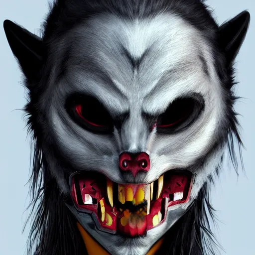 Prompt: painting portrait of a vampire wearing a wolf face mask, artstation, ultra detailed