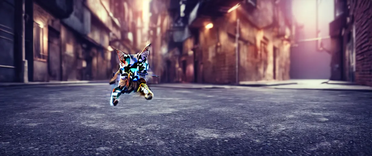 Prompt: hyperrealistic detailed 3d render of a cute tabby catman jumping on a dark city alley sharp cinematic lighting vray 8k low angle shallow depth of field