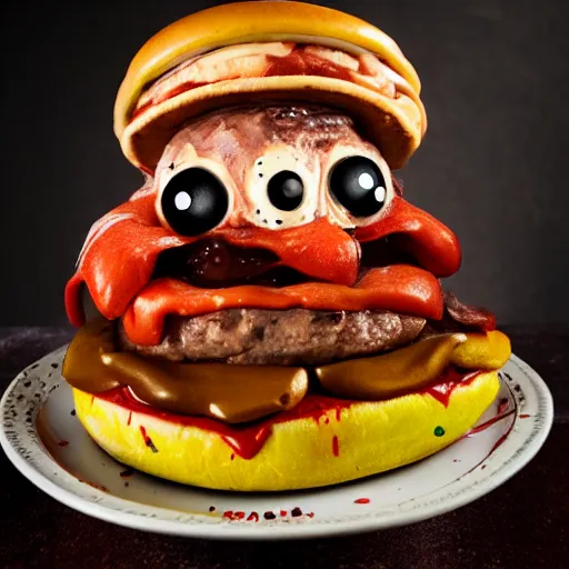 Image similar to a humanoid bipedal upright zombie that strongly resembles a hamburger, professional food photography