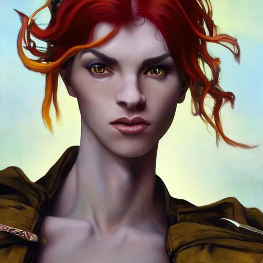 Prompt: dnd character portrait of a beautiful and androgynous half - elf with messy short red hair and catlike features and almond skin tone and yellow eyes with slit pupils, golden hour, wearing a colorful men's suit, realistic painting by kehinde wiley and tasha beckwith and ross tran and gerald brom and alphonse mucha, trending on artstation