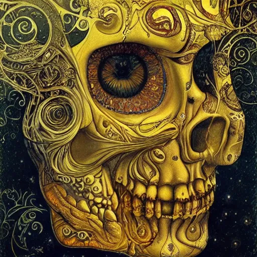 Image similar to Memento Mori by Karol Bak, Jean Deville, Gustav Klimt, and Vincent Van Gogh, beautiful visionary mystical portrait, calavera, otherworldly, fractal structures, ornate gilded medieval icon, third eye, spirals, sugar skull