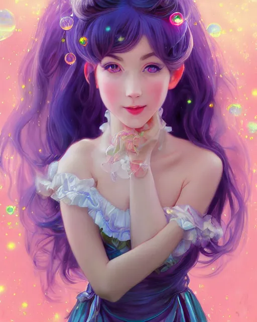 Image similar to portrait of magical lolita girl, dreamy and ethereal, expressive pose, big blue eyes, exciting expression, fantasy, intricate, elegant, many rainbow bubbles, rose tones, highly detailed, digital painting, artstation, concept art, cyberpunk wearing, smooth, sharp focus, illustration, art by artgerm and greg rutkowskiand alphonse mucha