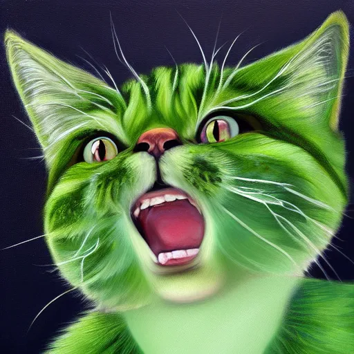 Prompt: an oil painting of a laughing furry green cat, digital art