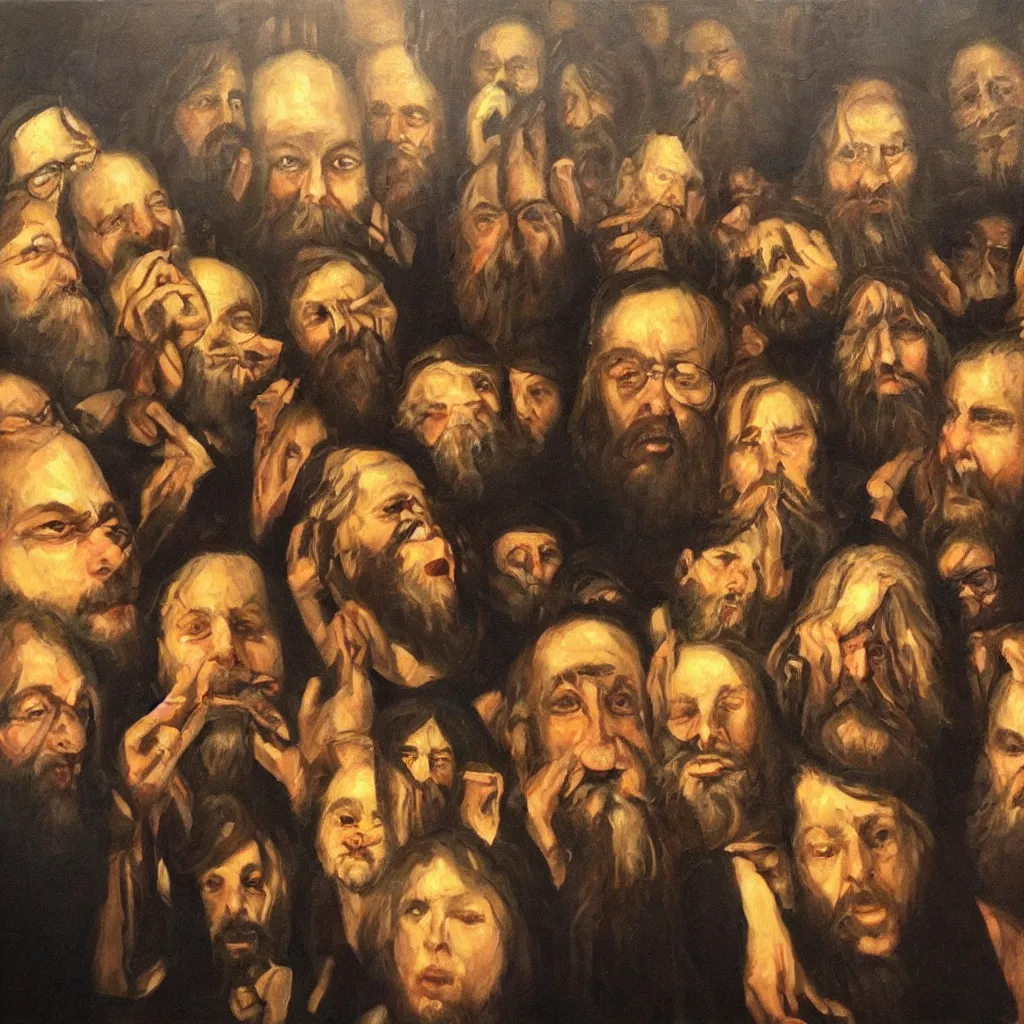 Image similar to oil painting by christian rex van minnen portrait of jewish chabad cult, extremely bizarre disturbing, intense chiaroscuro lighting perfect composition masterpiece intense emotion