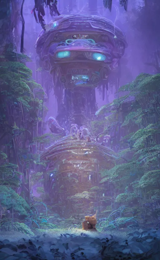 Image similar to microscopic tardigrade, microbiology, magical forest, ruins, civilization, vegetation, mayan temple, futuristic, sharp focus, electric swirls, backlight, furry, soft, concept art, intricate details, disney pixar, james gilleard, moebius, print, iridescent, global illumination, anime, game art