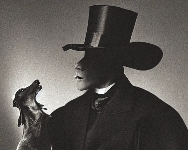 Image similar to greyhound wearing a black cloak and a top hat under a spotlight