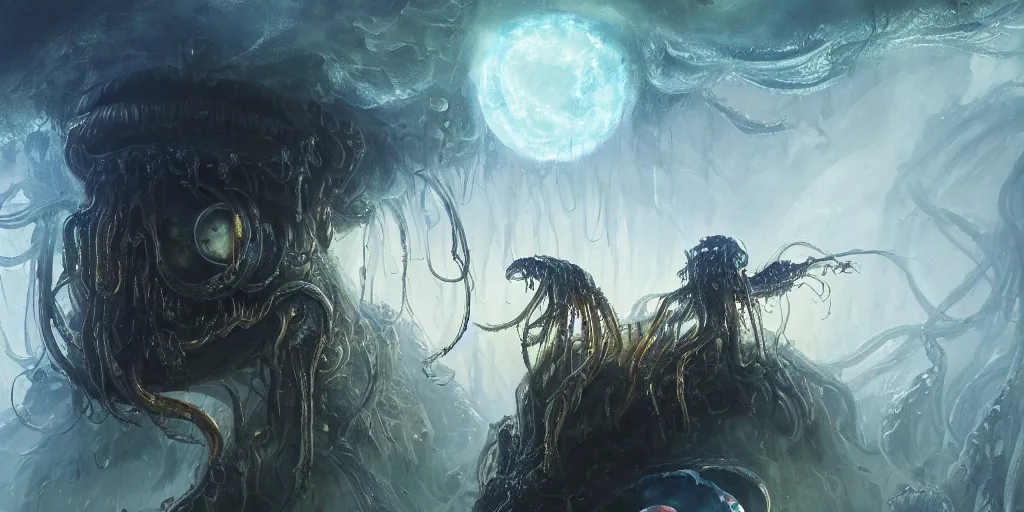 Image similar to concept art of giant translucent glowing jellyfishes, lovecraftian divers helmet, lots of teeth, melting horror, round moon, rich clouds, fighting the horrors of the unknown, mirrors, very detailed, volumetric light, mist, grim, fine art, decaying, textured oil over canvas, epic fantasy art, very colorful, ornate, anato finnstark