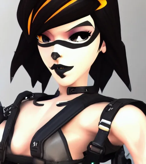 Prompt: tracer from overwatch, wearing black lipstick and black eyeliner, goth outfit, black hair, 4 k, detailed face, smirky expression, detailed face, focus on eyes, blur,