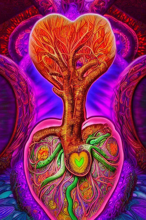 Image similar to An extremely psychedelic abstract illustration of an anatomical human heart, colorful, surreal, dramatic lighting, magic mushrooms, psilocybin, LSD, detailed, intricate, elegant, highly detailed, digital painting, artstation, concept art, smooth, sharp focus, illustration, art by Krenz Cushart and Artem Demura and alphonse mucha, unreal engine 5 render, 8k