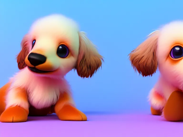 Image similar to high quality 3 d render hyperrealist very cute multipastel very fluffy smooth dachshund plush mascot, vray, smooth in the background, artstation, ultra detailed, octane render