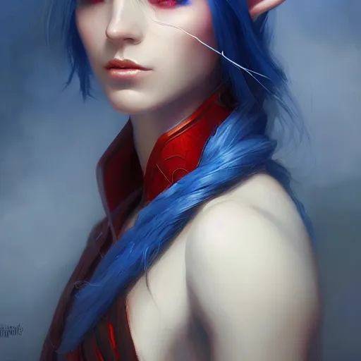 Image similar to A detailed matte oil on canvas portrait of a elven woman with blue red heterochomia and red hairs by greg rutkowski and Charlie bowater, trending on artstationhd, dungeons and dragons art