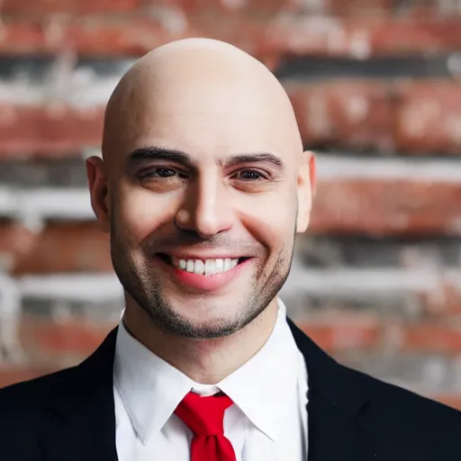 Image similar to a bald man wearing a black suit with a red tie smiling and looking at the camera ( greatly detailed, still frame shot, photo realistic, high quality photo, hyperrealistic and uhd )