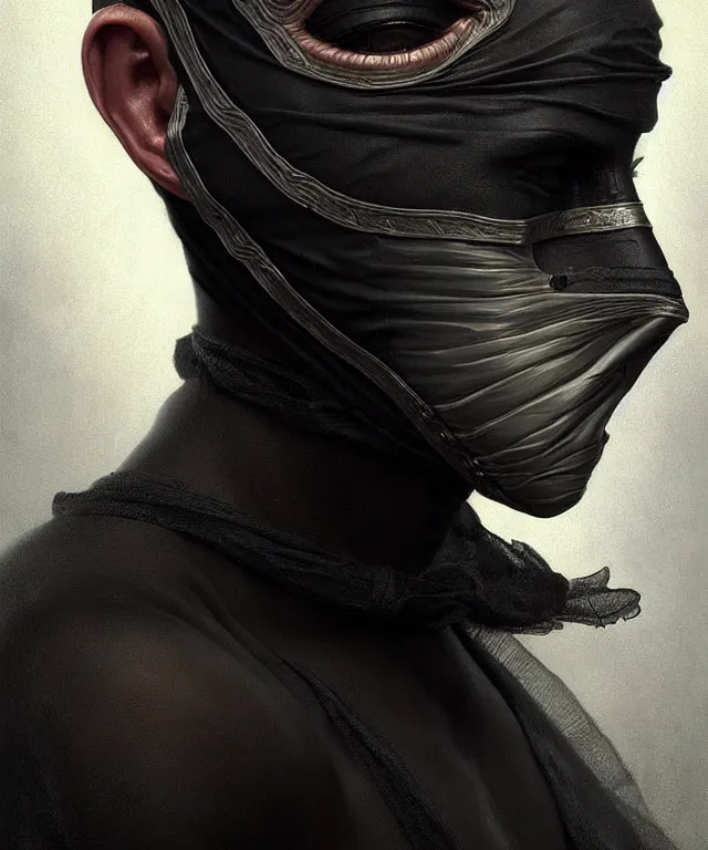 Image similar to man with black fabric mask, highly detailed face!!!, true anatomy!, extremely detailed!, digital painting, unreal engine 5, art by tom bagshaw