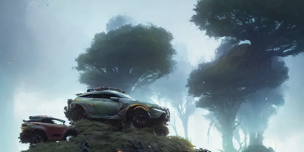 Image similar to a beautiful concept offroad suv, an epic fantasy, dramatic lighting, cinematic, establishing shot, extremely high detail, photorealistic, cinematic lighting, artstation, by cory loftis, fenghua zhong, ryohei hase, ismail inceoglu and ruan jia, midsommar